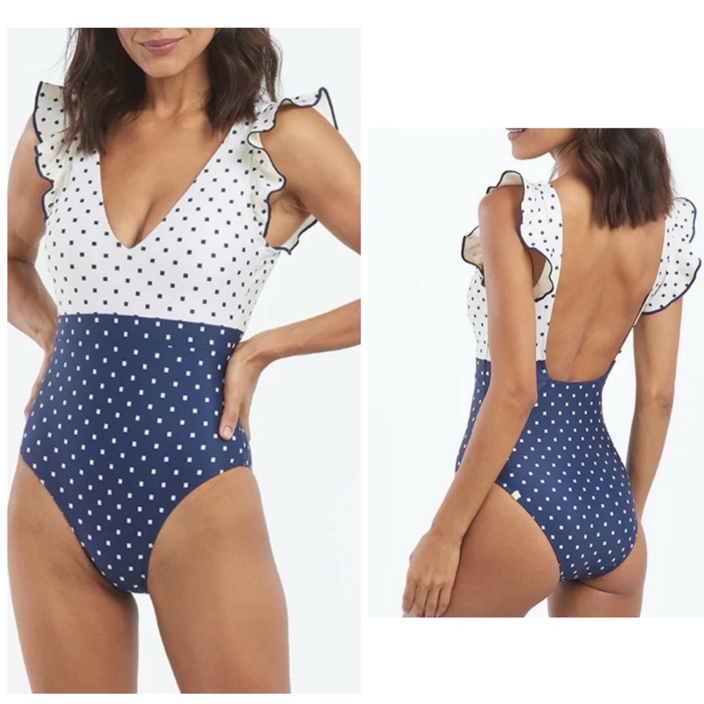Summersalt The Ruffle Backflip One Piece Swimsuit Square Dot Blue Ivory Size 4
